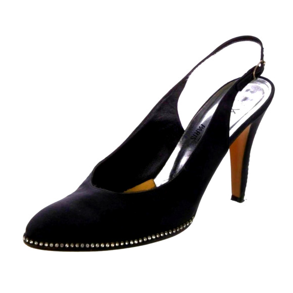YSL Womens 8.5 VINTAGE Rhinestone Crystal Slingback Heels Almond Toe Black Satin - Picture 2 of 6